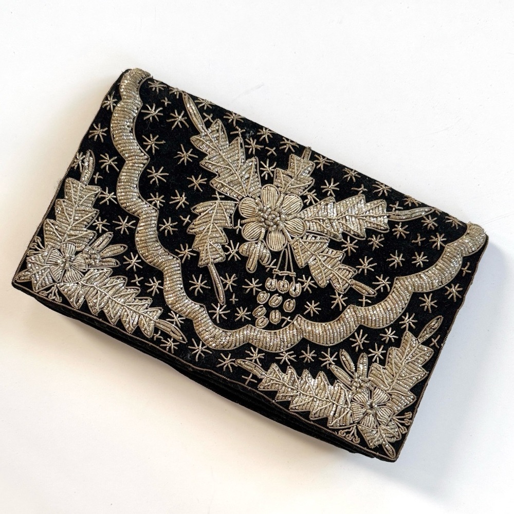 Vintage Black Velvet Embroidered Clutch